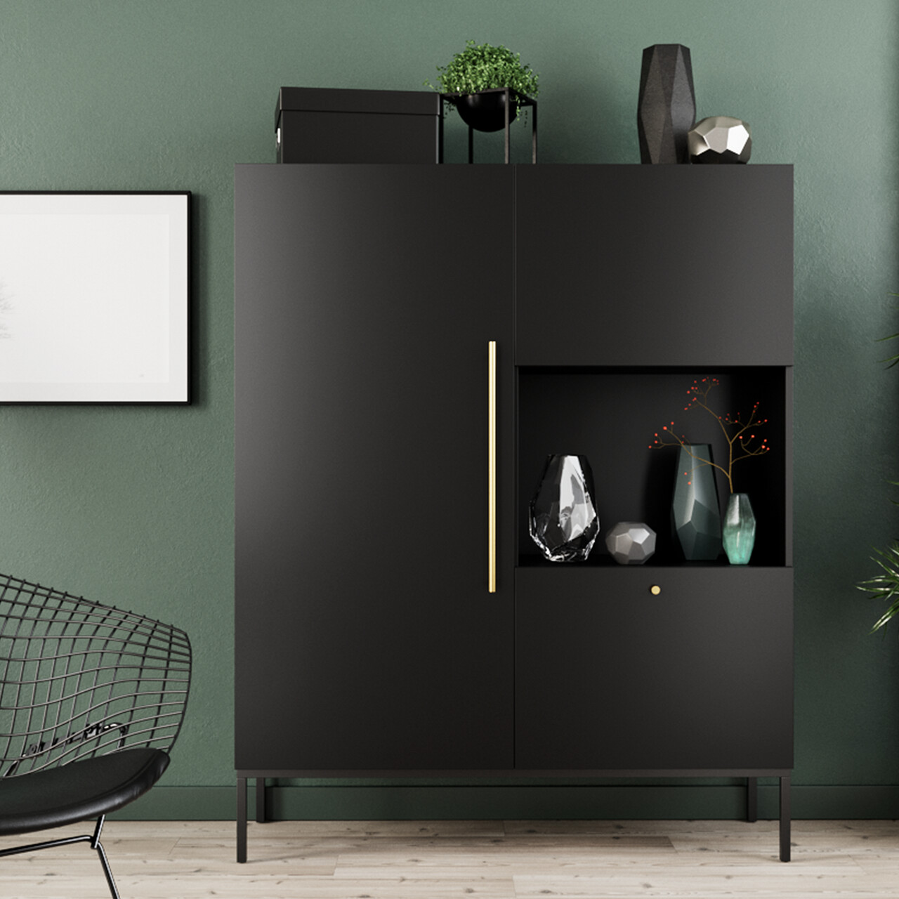Dulap multifunctional ELTAP, Lanzzi, 120x40x150 cm, MDF laminat, negru/auriu - imagine 7